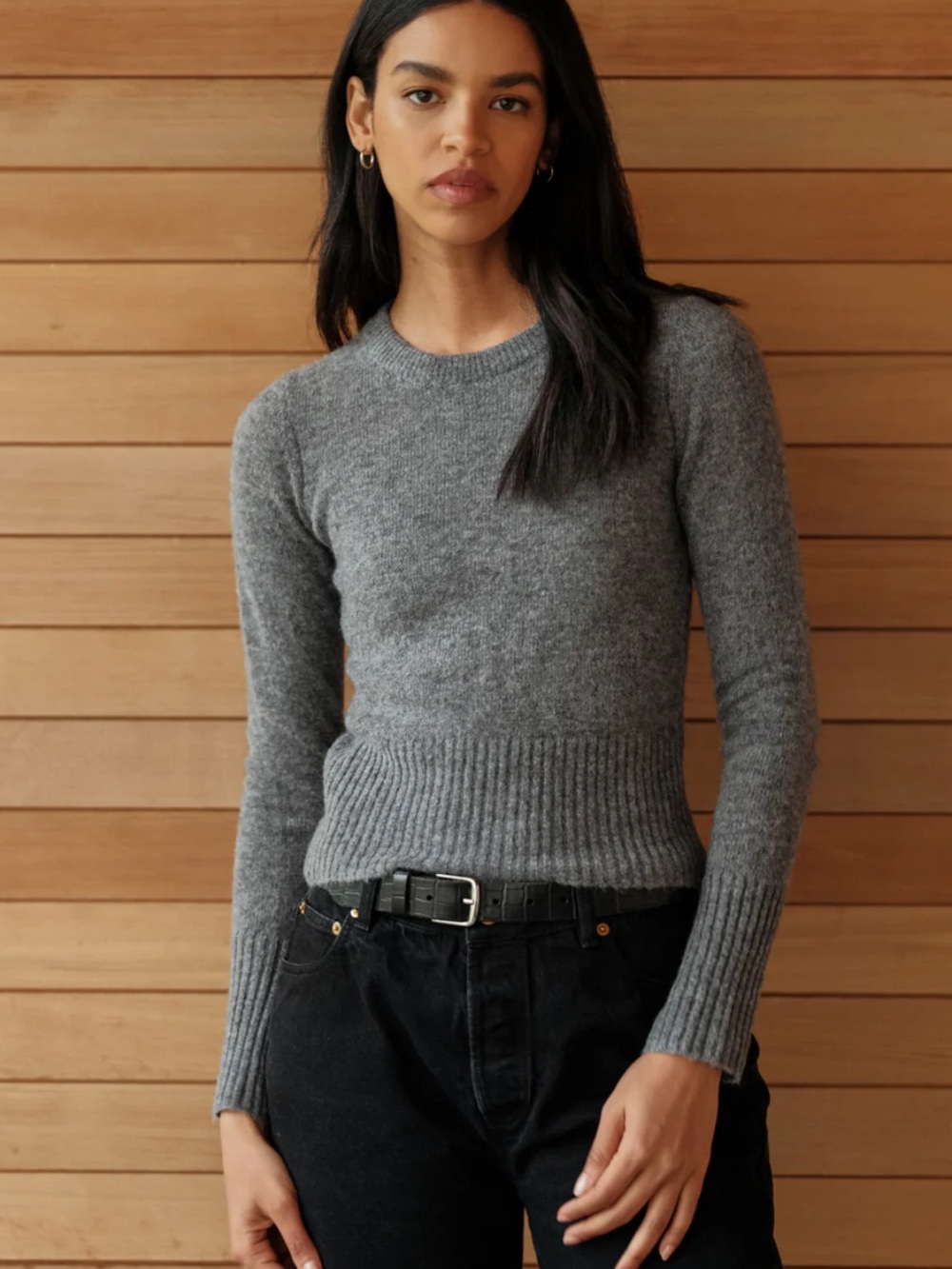 Jenni Kayne Gray Wool Crewneck Ribbed Waist Sweater.